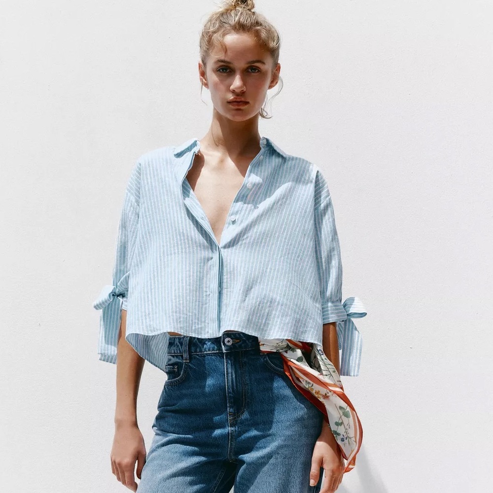 ZARA STRIPED LINEN BOW SHIRT